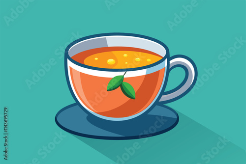 A vibrant cup of customizable tea sits on a flat surface, featuring creative and colorful illustrations Tea with customizable and disproportionate illustration.