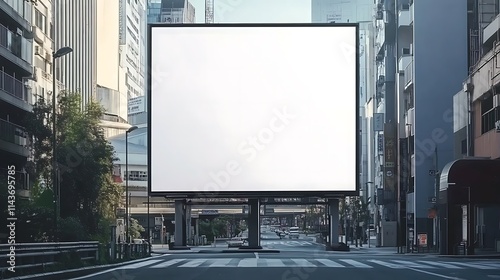 Blank white billboard on an urban street, perfect for advertising, marketing campaigns, or promotional purposes. photo