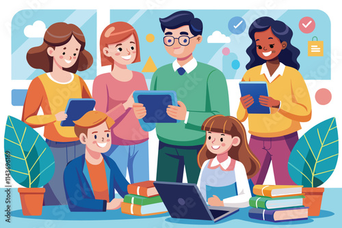 Teachers use tablets to educate students in a vibrant classroom filled with books and learning resources Teachers use tablets to educate students, illustrated in a flat style.