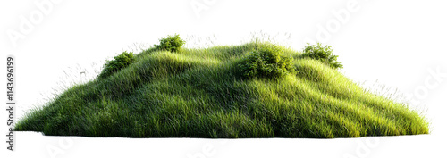 Green Grass Hill Isolated on White Background, Lush Meadow, Wild Grass, Nature Scene, 3D Render,  Environmental Element,  Realistic Grass, Grassy Knoll,  Vegetation, Isolated Grass