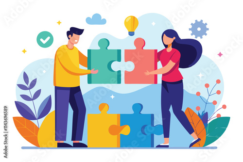 Teamwork activity showcasing cooperation to connect puzzle pieces in a bright, Teamwork and cooperation are needed to connect the two halves of the puzzle, which is shown in a flat illustration.