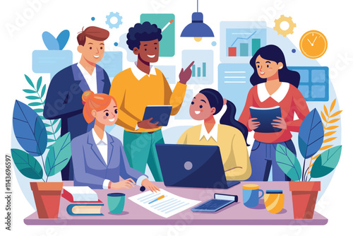 A group of professionals engages in collaborative discussion around a laptop, sharing ideas and insights Teamwork and communication in the office illustrated through coworking and brainstorming.