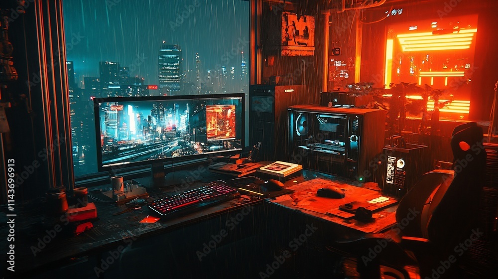A dimly lit gaming setup with a cityscape view and vibrant neon lights. A dimly lit gaming setup with a cityscape view and vibrant neon lights.