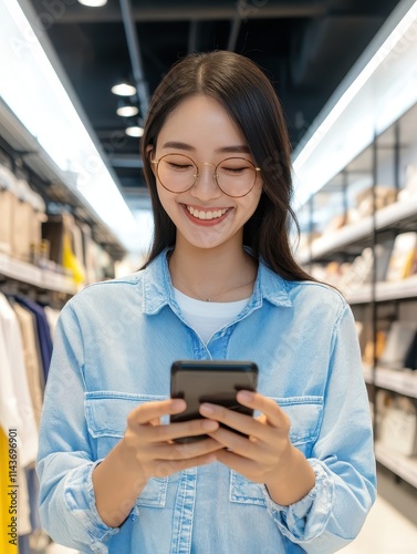 Young woman texting in modern store urban shopping lifestyle photography bright interior engaging perspective