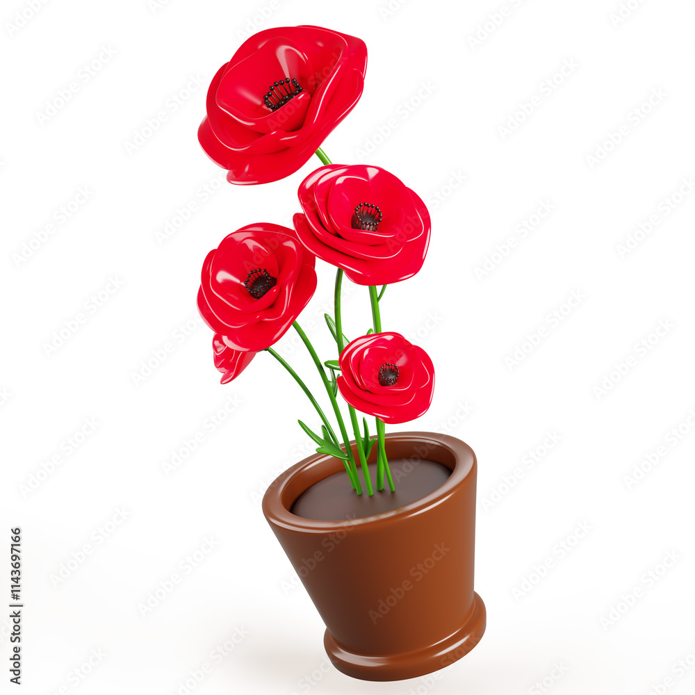 3d red poppy flowers in pot isolated render. Cartoon wildflower bouquet in flowerpot. Floral beauty grass plant with green leaves and blossom for summer garden or home interior decor. 3D illustration 3d red poppy flowers in pot isolated render. Cartoon wildflower bouquet in flowerpot. Floral beauty grass plant with green leaves and blossom for summer garden or home interior decor. 3D illustration