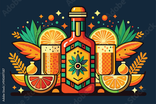 This artwork showcases a decorative tequila bottle and citrus fruits, capturing a festive vibe ideal for gatherings Tequila Customizable Art