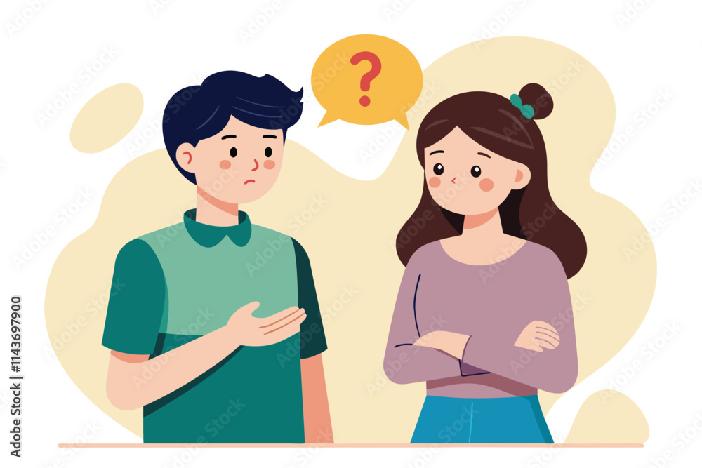 A couple stands together, the man gesturing while the woman appears thoughtful, representing a conversation the couple who asked the question, simple drawing A couple stands together, the man gesturing while the woman appears thoughtful, representing a conversation the couple who asked the question, simple drawing