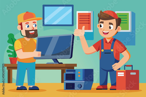 A customer brings a computer screen to a repair technician in a colorful workshop setting The customer takes the computer screen to a repairman.