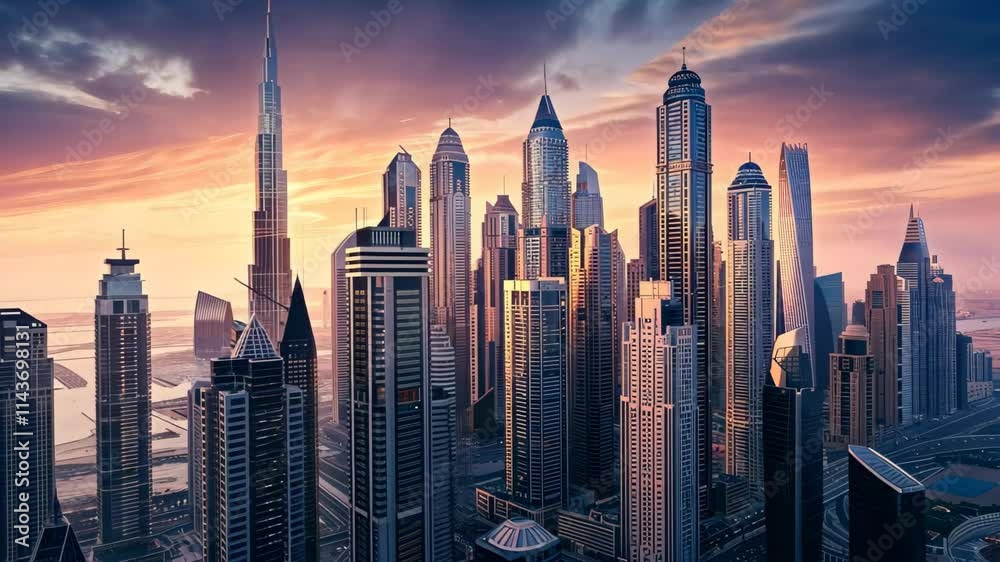 A breathtaking view of Dubai's skyline at sunset reveals towering skyscrapers bathed in warm light, with colorful clouds adding to the evening's beauty and vibrancy.
