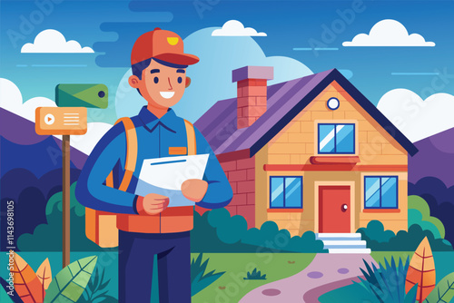 A cheerful postman stands by a house, holding a letter while delivering mail in a picturesque setting The postman delivered the letter to the home.