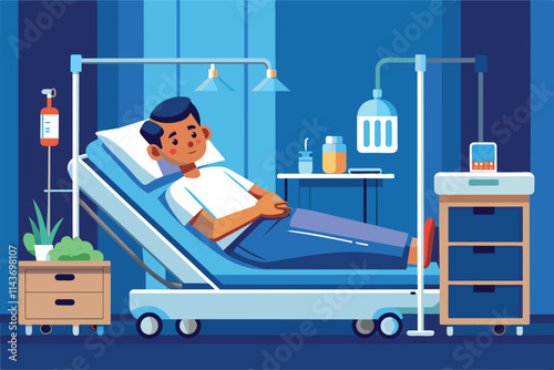 A patient is resting in bed while surrounded by medical equipment in an intensive therapy setting The patient is in bed in the intensive therapy room, flat.
