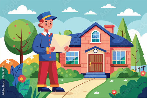 A postman stands at a welcoming house, holding a letter amidst lush gardens and bright skies The postman delivered the letter to the home.