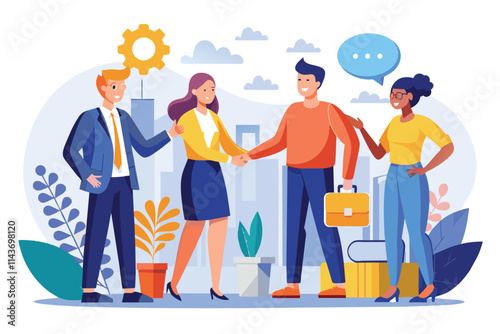 Two representatives shake hands while discussing a collaboration agreement in a modern office space Reps will shake hands with the team to agree to build the company.