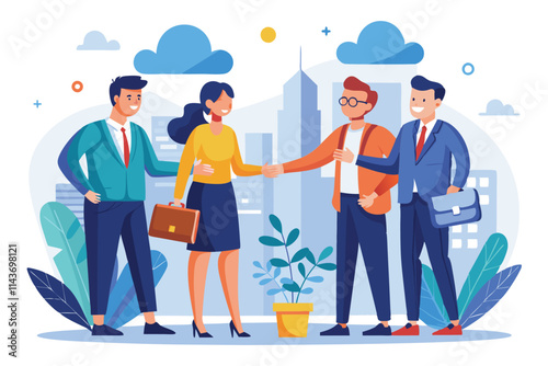 Representatives from different teams shake hands to finalize an agreement in a cityscape environment Reps will shake hands with the team to agree to build the company.