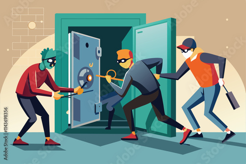 A group of thieves is trying to open a flat safe with tools in a residential setting during nighttime Thieves attempt to break into the flat safe.