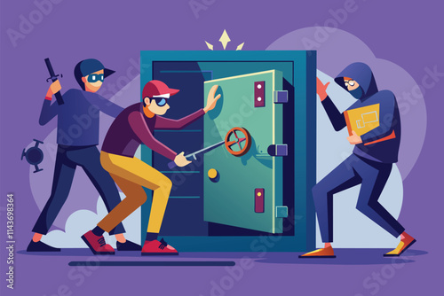 A group of thieves is trying to break into a safe in a flat, using tools and weapons at night Thieves attempt to break into the flat safe.