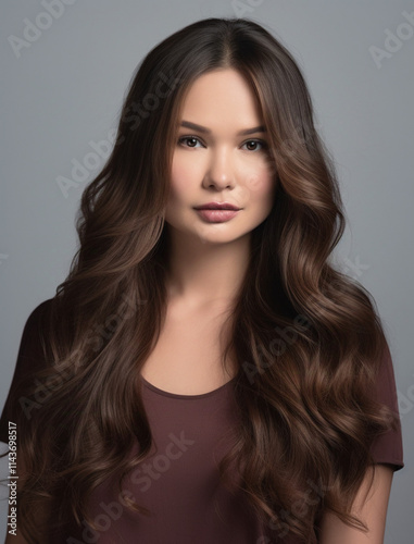 A beautiful woman with long, layered hair styled in soft C-curl waves, flowing naturally down past her shoulders. The hair color is natural chocolate brown with a glossy finish