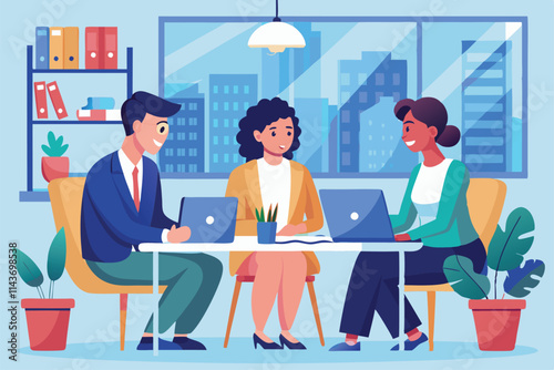 Three individuals collaborate on a business project around a table in an office setting filled with plants Three individuals had a business meeting at the office, depicted in a flat illustration.