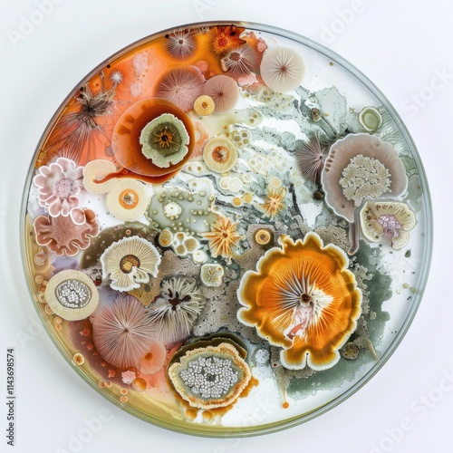 Sci-fi fungi in a round petri dish isolated on white background, generated by artificial intelligence