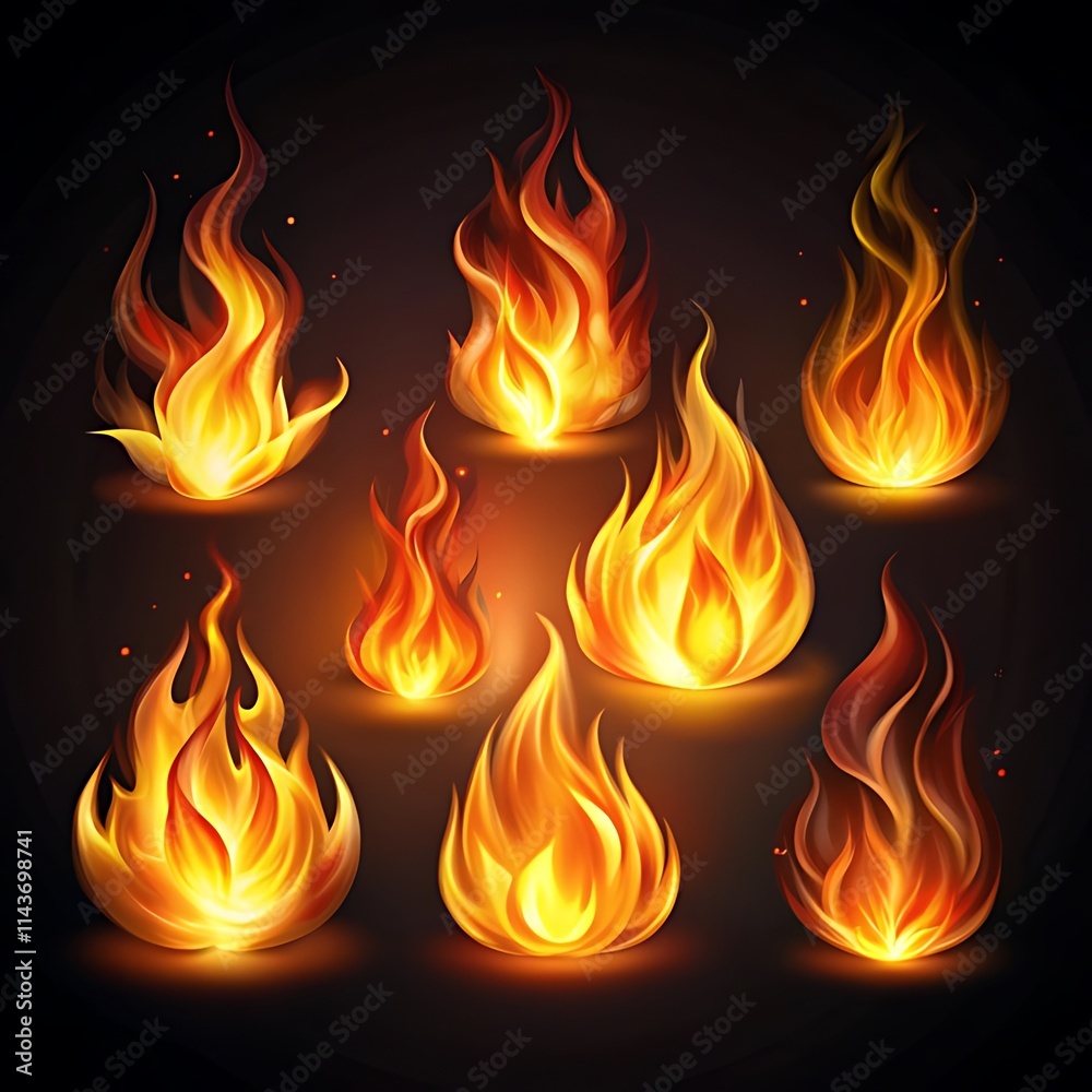 Realistic Fire Flame Icon Set on Dark Background Realistic Fire Flame Icon Set on Dark Background
