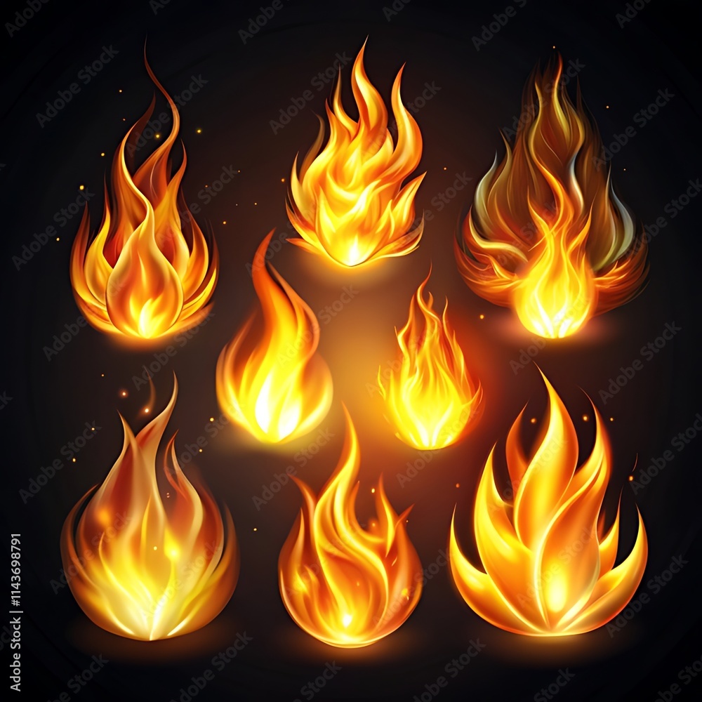 Realistic Fire Flame Icon Set on Dark Background Realistic Fire Flame Icon Set on Dark Background