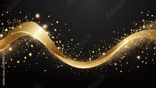 Gold glittering confetti wave and stardust. Backdrop with golden magical sparkles on dark background. Vector illustration photo