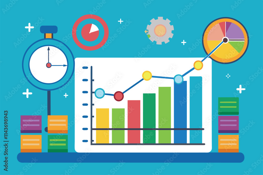 Fototapeta premium This chart displays fluctuating data trends over time using vibrant colors and clear visual elements Time analysis chart with a flat illustration.