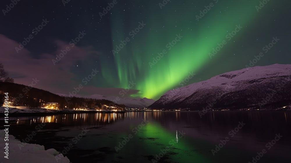 A stunning display of the Northern Lights over a serene mountain lake at night. A stunning display of the Northern Lights over a serene mountain lake at night.