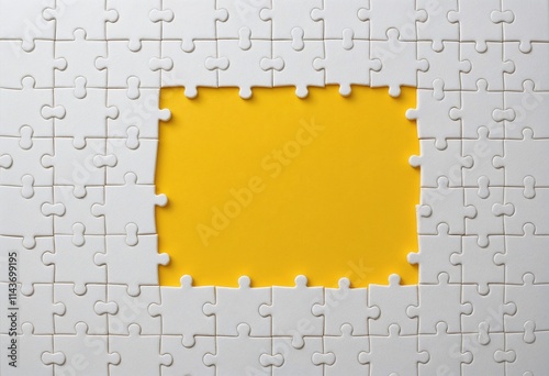 White puzzle pieces surround a bright yellow center, creating ample copy space for design or messaging needs.