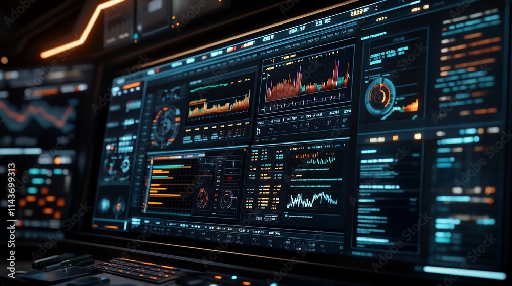 A futuristic control panel displaying data analytics and stock market trends. A futuristic control panel displaying data analytics and stock market trends.