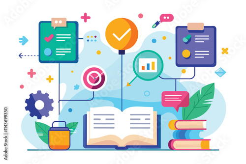 A vibrant graphic showcasing a book surrounded by charts, checklists, and symbols of productivity and learning Time to comprehend the guidelines, plain picture.