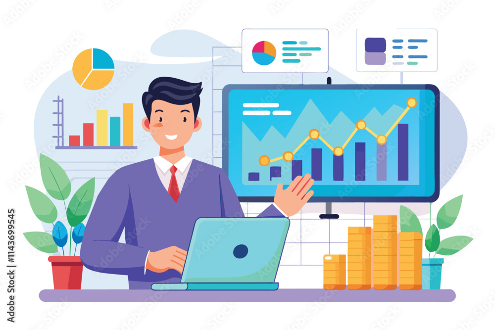 Trading analyst explains a flat trend using charts on a laptop at a modern office workspace Trading analyst data presentation shows a flat trend. Trading analyst explains a flat trend using charts on a laptop at a modern office workspace Trading analyst data presentation shows a flat trend.