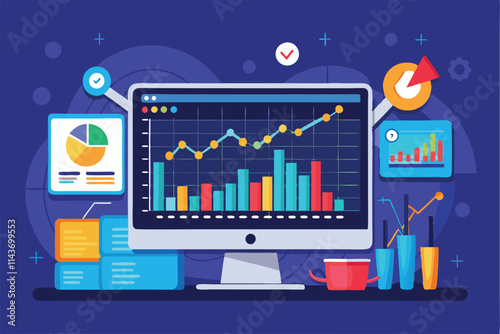 The display shows trading analyst data with a flat trend across various charts in an office setting Trading analyst data shows a flat trend.
