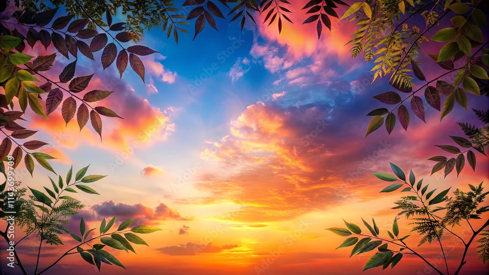 Obraz premium Serene Sunset Framed by Lush Foliage, a Peaceful and Colorful Vista