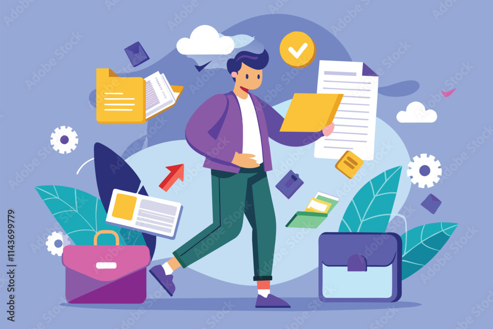 A person is actively transferring documents and files in an office environment filled with colorful items Transferring documents with a flat illustration. A person is actively transferring documents and files in an office environment filled with colorful items Transferring documents with a flat illustration.
