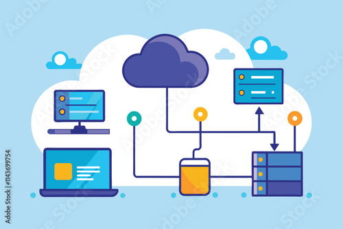 The process of transferring data to cloud storage is visually represented with diverse connected devices Transferring data to cloud storage, simple picture