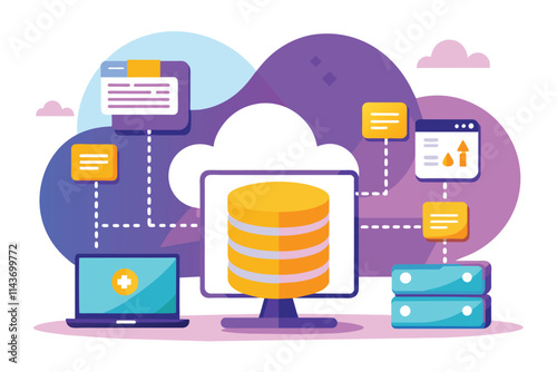 This visual showcases the process of transferring data to cloud storage using colorful icons and graphics Transferring data to cloud storage, simple picture