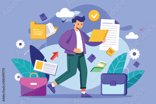 A person is actively transferring documents and files in an office environment filled with colorful items Transferring documents with a flat illustration.