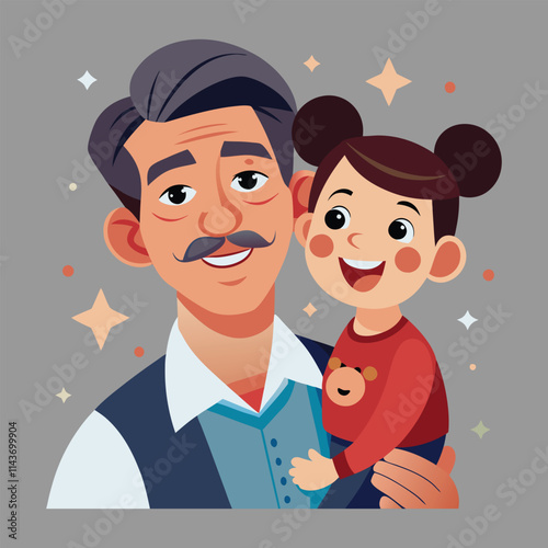 Vector isolated illustration with portrait of cartoon characters. African American young father hugs his little daughter. Daddy and baby girl are happy together, smiling. Healthy family relationships