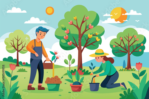 Two individuals are planting trees and flowers in a sunny garden with lush greenery and flourishing plants Tree planting illustration that can be customized