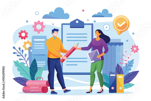 Two individuals are collaborating on a business contract while surrounded by colorful graphics and tools Trending business contract cooperation with flat illustration.