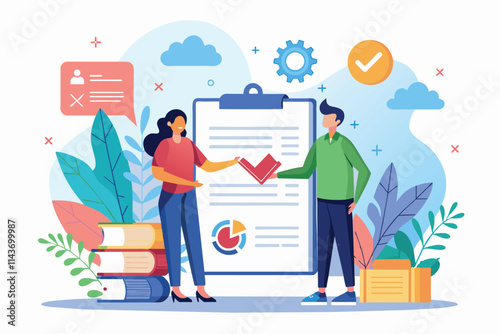 Two individuals finalize a business contract while surrounded by plants and office supplies, enhancing collaboration Trending business contract cooperation with flat illustration.