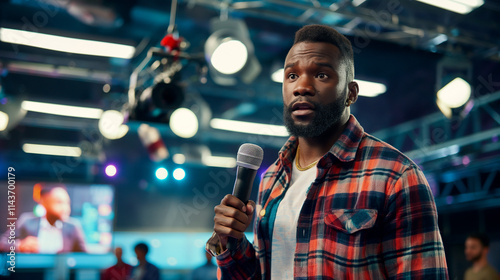 Journalist holding microphone conducting interview with celebrity in modern studio setting, capturing dynamic interaction and professional atmosphere.