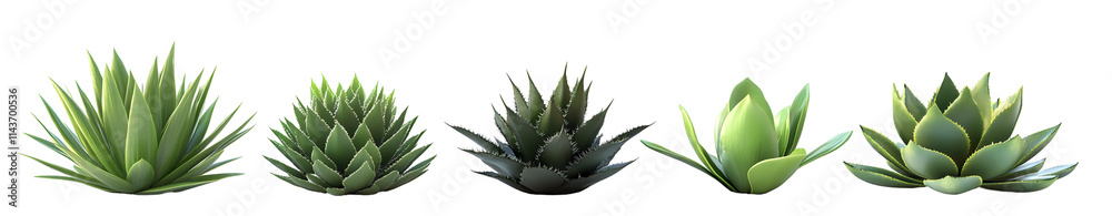 Five Succulents Isolated on Transparent Background, Green Plants with Spiky Leaves, Displayed on White Five Succulents Isolated on Transparent Background, Green Plants with Spiky Leaves, Displayed on White