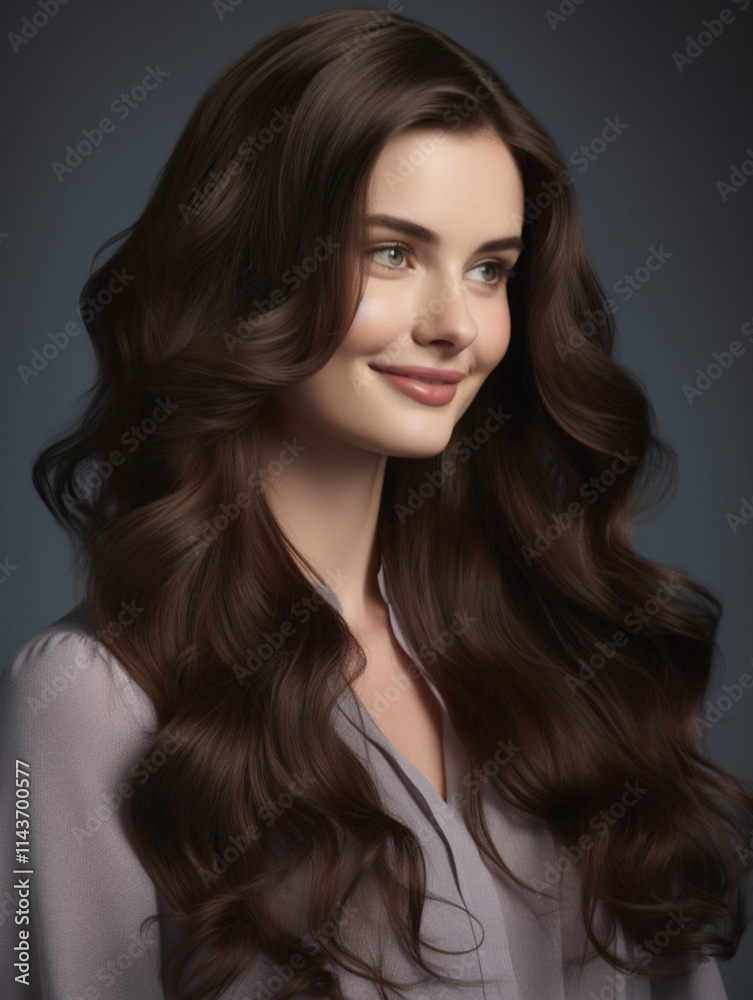 A beautiful woman with long, layered hair styled in soft C-curl waves, flowing naturally down past her shoulders. The hair color is natural chocolate brown with a glossy finish A beautiful woman with long, layered hair styled in soft C-curl waves, flowing naturally down past her shoulders. The hair color is natural chocolate brown with a glossy finish