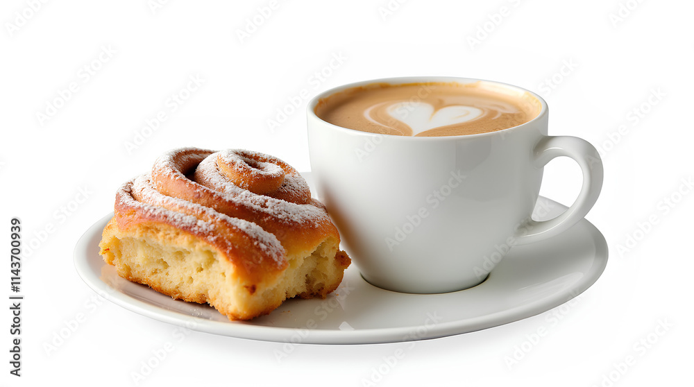 A cinnamon roll and a latte coffee on a white plate, isolated on a white background. Suitable for breakfast or a snug coffee shop ambiance. A cinnamon roll and a latte coffee on a white plate, isolated on a white background. Suitable for breakfast or a snug coffee shop ambiance.