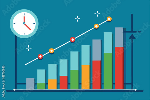 A colorful graph shows work hours trending without any growth, alongside a clock indicating time Trending work hours, no growth in illustration.