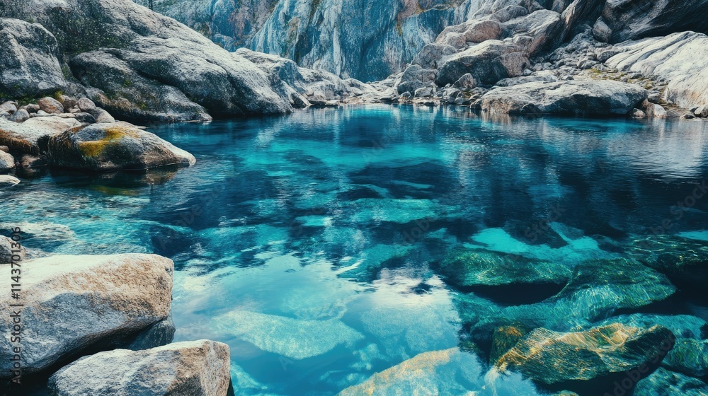 A tranquil pool of clear blue water surrounded by rocky terrain and natural beauty. A tranquil pool of clear blue water surrounded by rocky terrain and natural beauty.