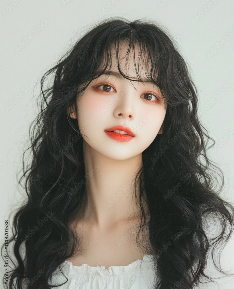 Korean-style air bangs, a sweet smile, long curly hair decorated with small curls on the side of her head, a middle-part hairstyle, a black and brown gradient color scheme, a large wavy hair texture Korean-style air bangs, a sweet smile, long curly hair decorated with small curls on the side of her head, a middle-part hairstyle, a black and brown gradient color scheme, a large wavy hair texture