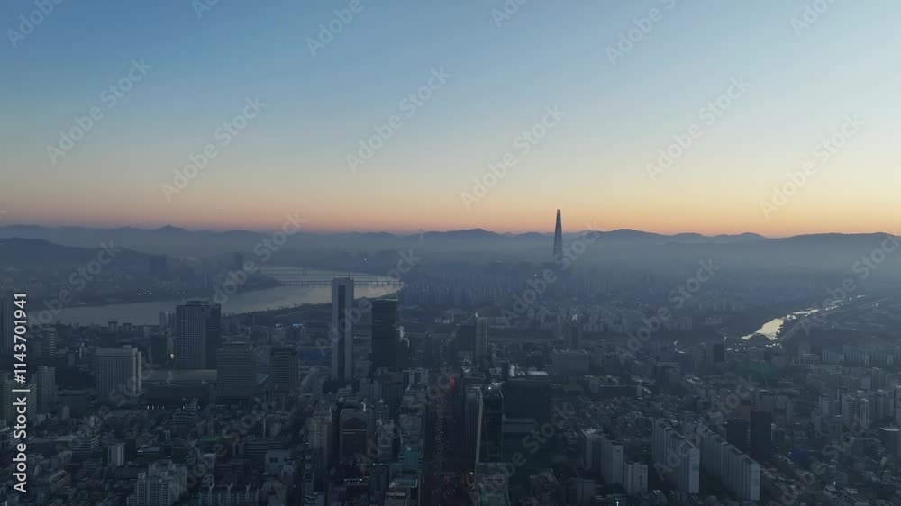 Aerial View of Seoul city in Sunrise of South Korea, Gangnam financial district, Winter Aerial View of Seoul city in Sunrise of South Korea, Gangnam financial district, Winter